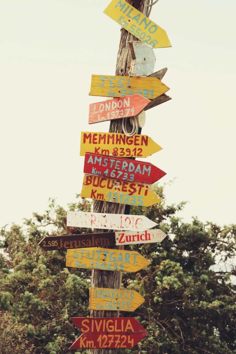 A vertical shot of a colorful direction signpost in Alghero, Sardinia, Italy.